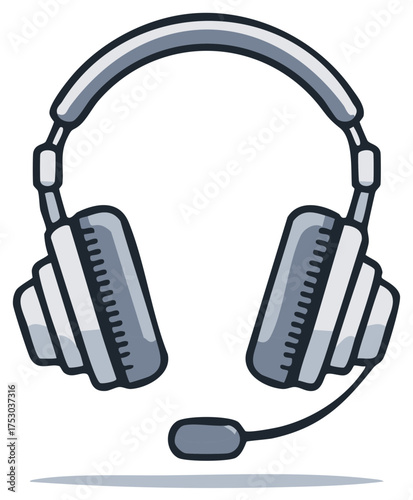 Grayscale cartoon illustration of a gaming headset with a microphone for communication