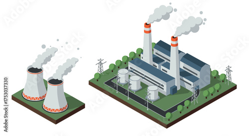 Isometric power plant and cooling towers with smokestacks emitting smoke