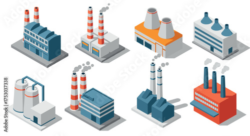 Isometric industrial buildings collection featuring factories and chimneys