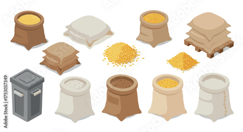 Various grain and powder bags in isometric style for kitchen and packaging concepts