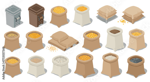 Isometric sacks and bins with various grains and seeds on white background