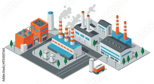Futuristic isometric industrial park with factories and smokestacks