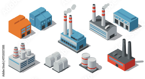 Isometric industrial buildings with smoke stacks emitting pollution on white background