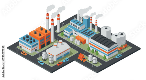 Isometric industrial park scene with factories and buildings