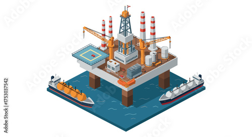 Offshore oil rig platform with ships in isometric design featuring industrial details