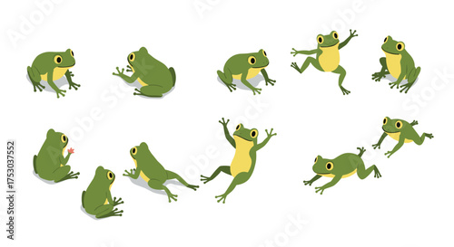 Cartoon frogs in various poses on white background