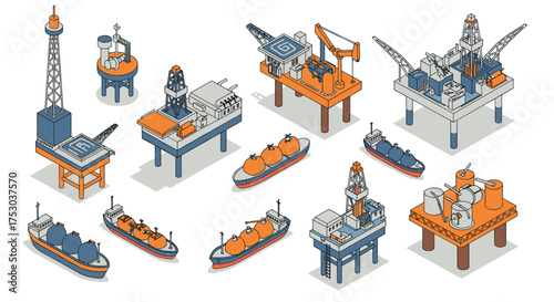 Isometric offshore oil platforms and tankers in modern industrial design
