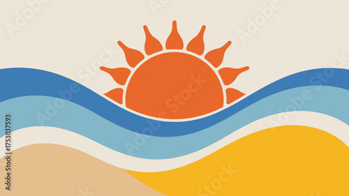 Stylized sun rising over ocean waves with sandy beach in a simple and colorful illustration style