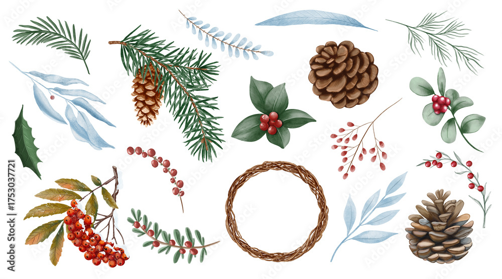 Fototapeta premium Watercolor winter botanical clipart with pinecones, fir branches, holly leaves, and red berries. Hand-painted in soft tones, perfect for greeting cards, invitations, and seasonal decor.