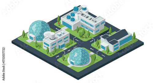Isometric futuristic cityscape with modern geodesic domes and buildings