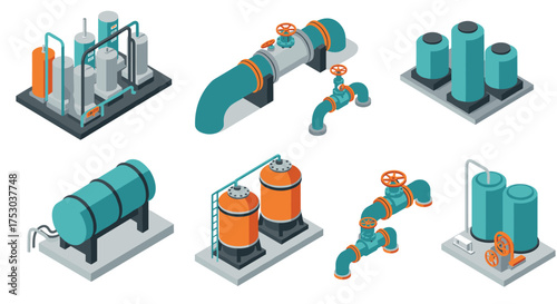 Isometric industrial pipes and tanks in modern factory design