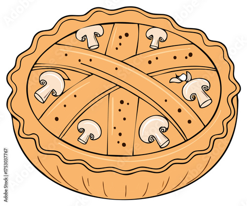 Top view cartoon vector illustration of a savory mushroom pie with a decorative lattice crust