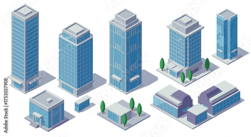 Modern isometric skyscrapers and buildings collection with trees and urban design