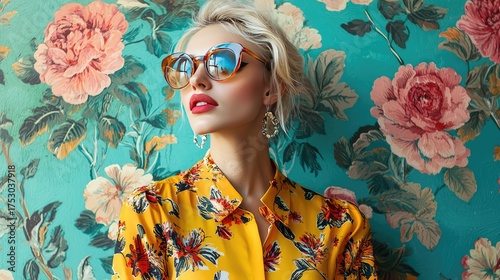A fashion-forward blonde model wearing sunglasses and a bold flower-patterned outfit, set against a painted, vintage floral background.