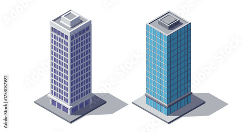 Modern isometric skyscrapers with shadow on white background
