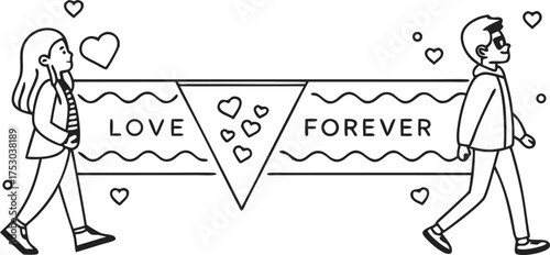 Young couple walking together holding banner celebrating everlasting love and connection with hearts floating around