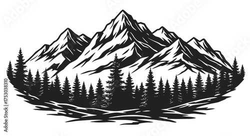 Mountain Range and Forest Vector Illustration A Detailed Black and White EPS Design
