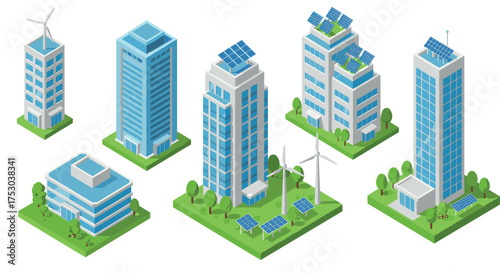 Isometric urban buildings with solar panels and green energy elements