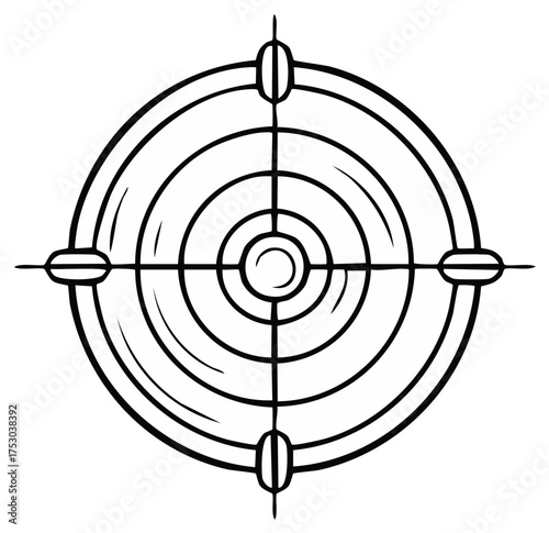 Hand drawn crosshair gun sight reticle illustration in a black and white cartoon style