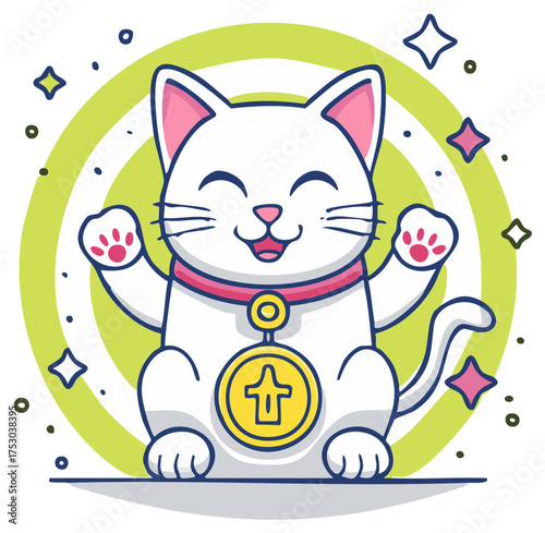Lucky Cat Waving Welcomingly with Gold Coin and Stars