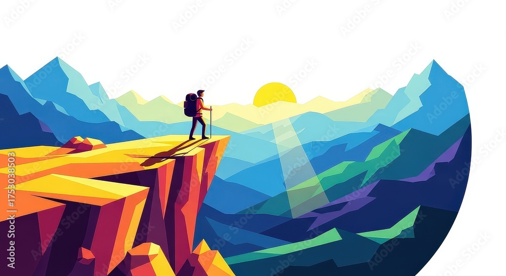 Fototapeta premium A lone hiker with a backpack stands on a cliff's edge, watching the sunrise over a vibrant, geometric mountain landscape.