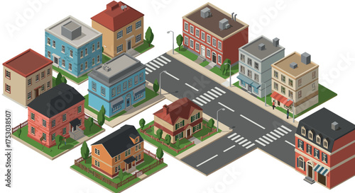 Isometric street scene with colorful buildings and crosswalks