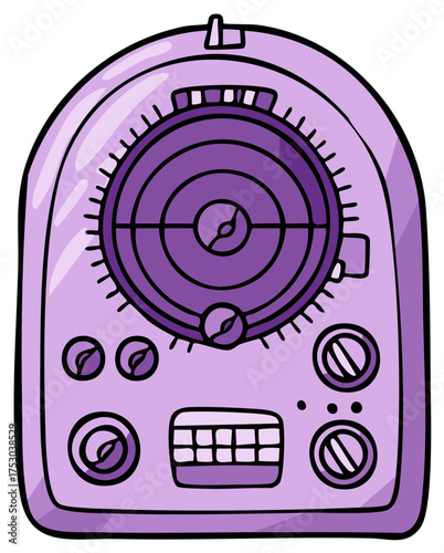 Vintage purple radar device with analog controls and a circular display screen