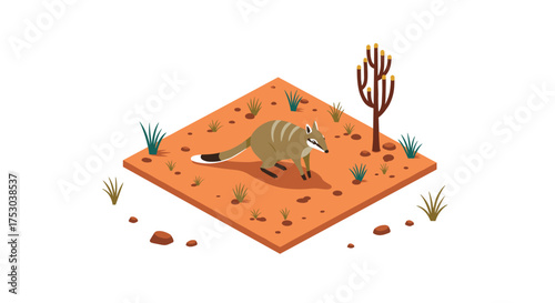 Isometric numbat in desert habitat with native vegetation and rocks