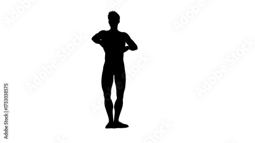 3D render : a silhouette male character is performing spin dance with the white background, front view
