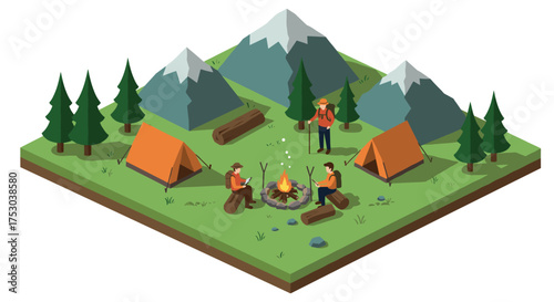 Outdoor camping scene with campers around a campfire in mountain landscape