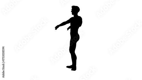 3D render : a silhouette male character is performing spin dance with the white background, 45 degrees  front view
