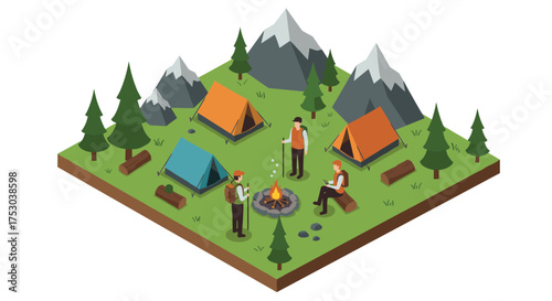 Isometric camping scene with tents and campfire in mountainous forest setting