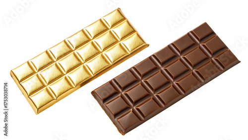 Chocolate bar with golden foil isolated on transparent background, top view