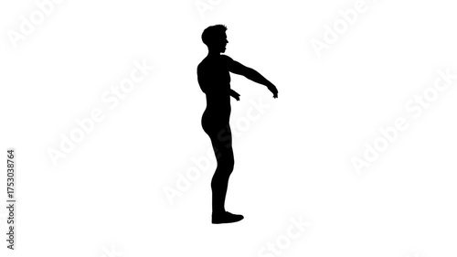 3D render : a silhouette male character is performing spin dance with the white background, side view
