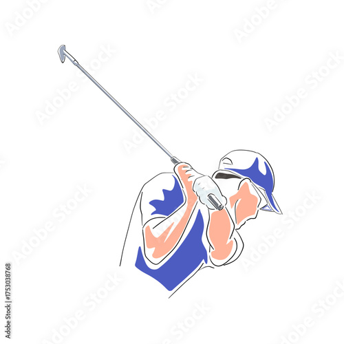 Golf player, isolated flat design vector illustration. Line art golfer, golf swing clip art