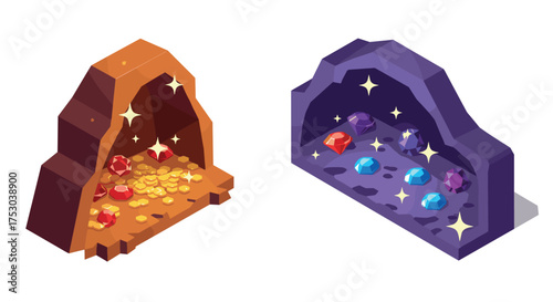 Isometric treasure caves with gems and coins in vibrant colors