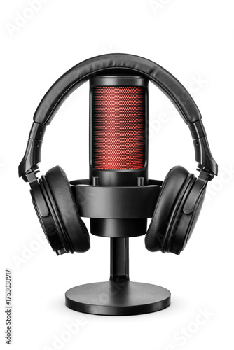 Black microphone with red light and headphones isolated. Podcast recording and streaming. Transparent PNG image.