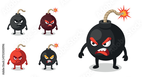 Angry cartoon bomb characters with burning wicks on white background