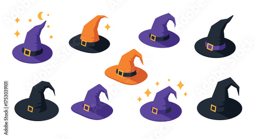 Halloween witch hats collection in vibrant colors and spooky designs
