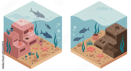 Underwater isometric scene with coral reefs and marine life in cube aquariums