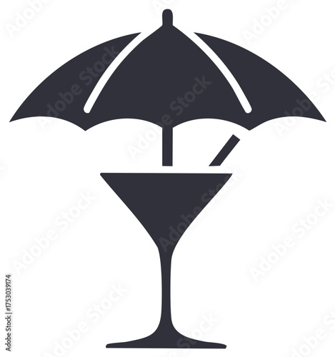 Stylized martini glass with umbrella and garnish evokes tropical drinks and relaxation