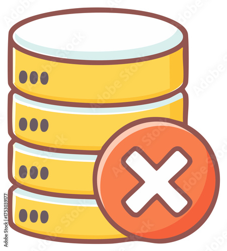 Cartoon database server icon with a red X mark for data deletion or system error
