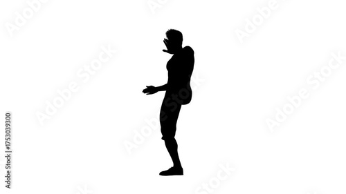 3D render : a silhouette male character is perofrming twist dance with the white background, Side view
