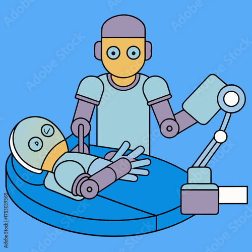 Cartoon Robot Surgeon Performing Medical Procedure on Patient