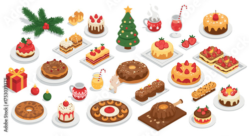Festive holiday desserts with decorative christmas elements in isometric style