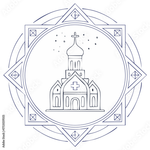 Hand drawn church with cross and dome, spiritual building illustration in ornamental frame