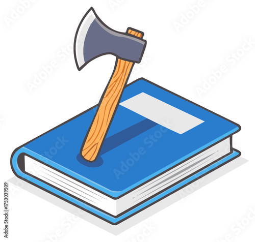 Cartoon axe buried into a blue textbook representing censorship and academic threat concept
