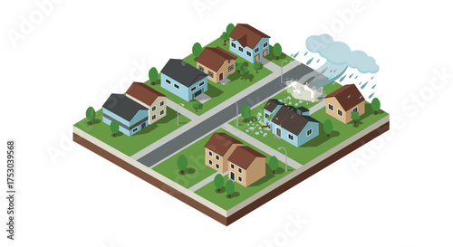 Isometric neighborhood with storm-damaged house in suburban setting