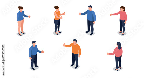 Diverse people giving thumbs up in isometric style for positive interaction concept