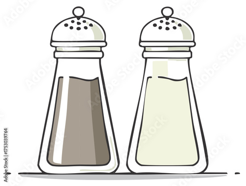 Two simple glass shaker bottles filled with pepper and salt